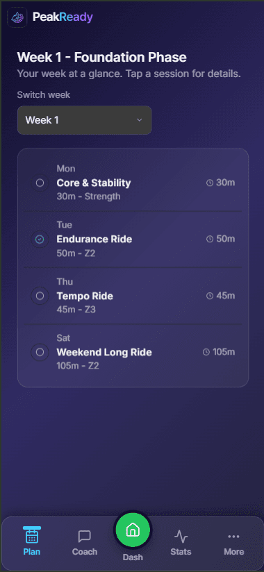 PeakReady plan screenshot